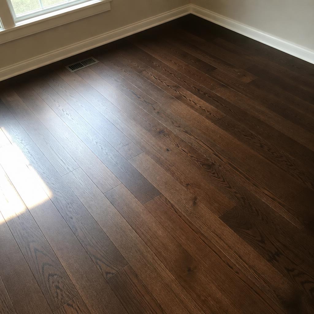 Dark walnut hardwood floor in a dining room