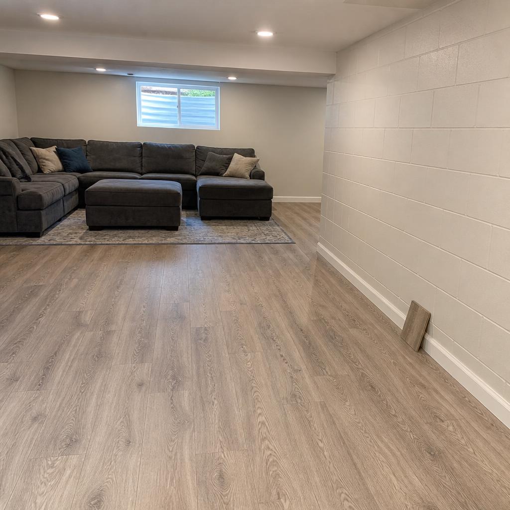 Luxury vinyl plank flooring in a finished basement family room