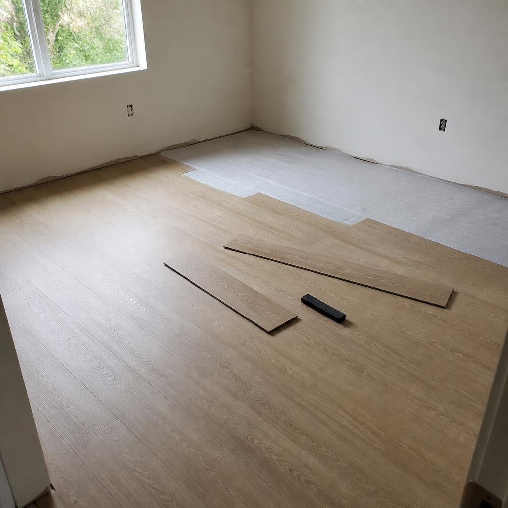 Newly installed oak plank flooring in an empty room