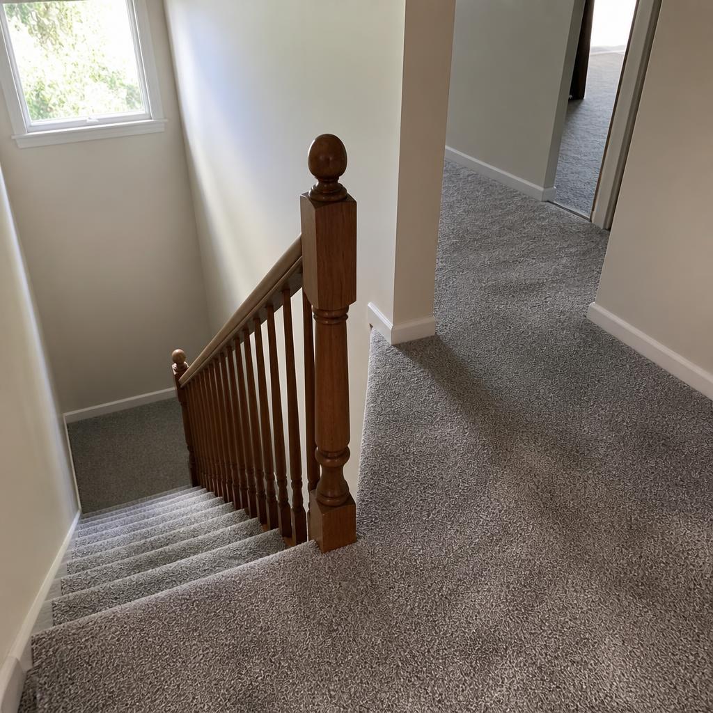 New gray carpet on a home staircase and hallway landing